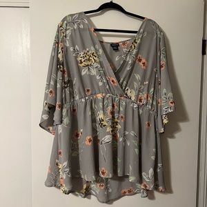 Flutter Sleeve Faux-Wrap Floral Blouse